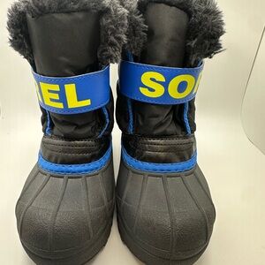 Sorel Children's Black & Blue Snow Boots with Yellow Logo Strap